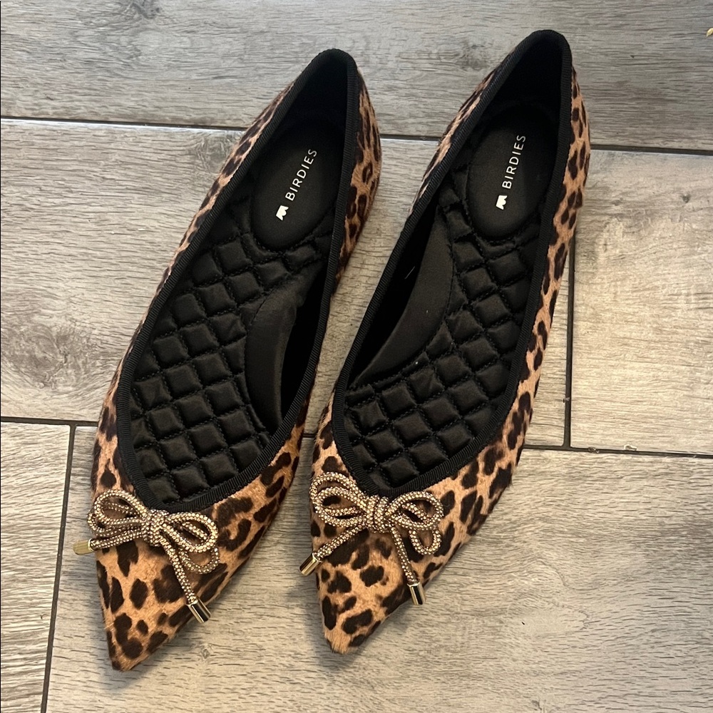 Birdies The Goldfinch 15 Leopard Calf Hair Flats with Beaded Bow size 7